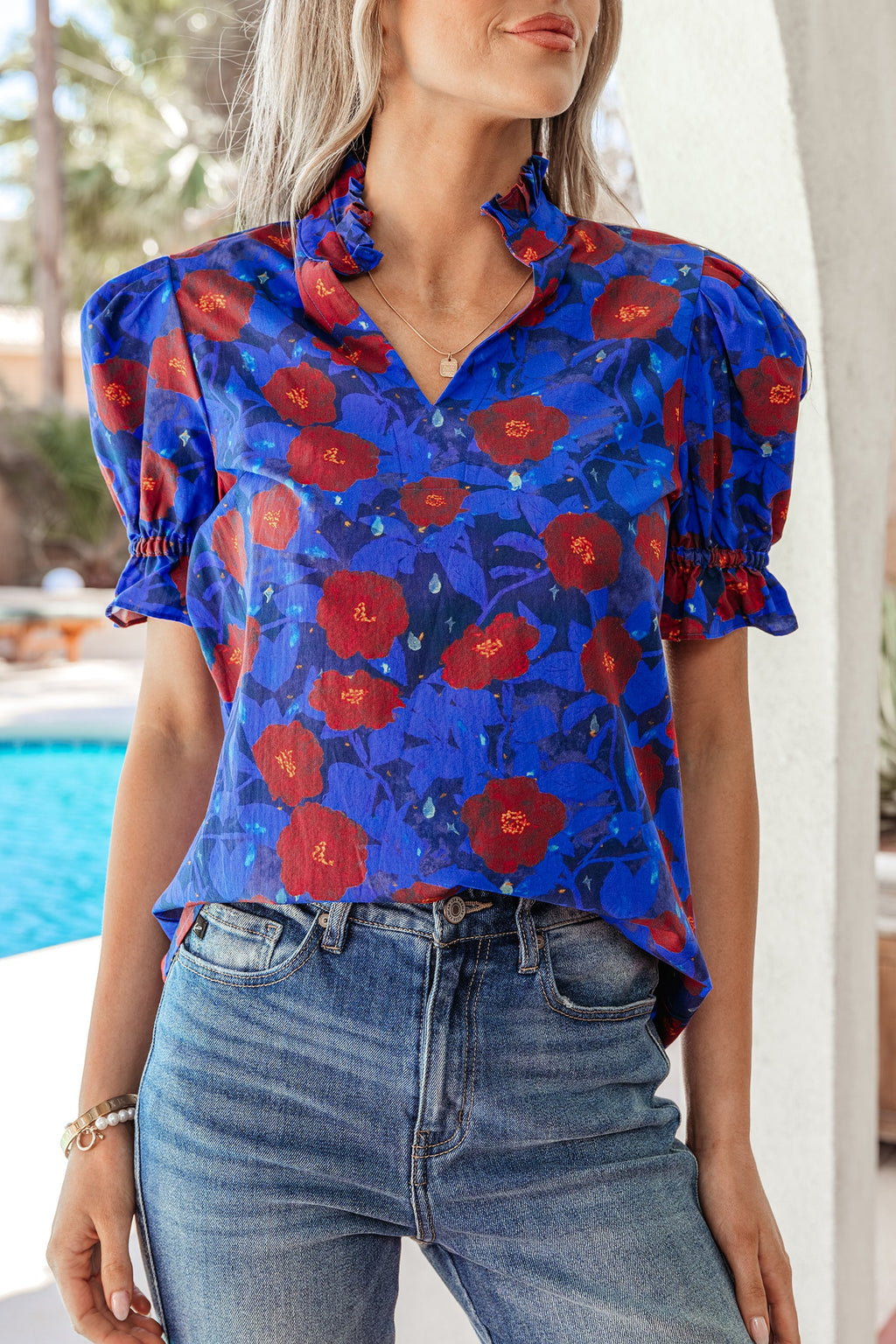 Blue Ruffled Short Balloon Sleeve Frilled V Neck Floral Blouse