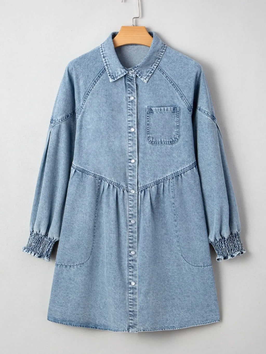Button-Up Denim Shirt Dress with Smocked Cuffs