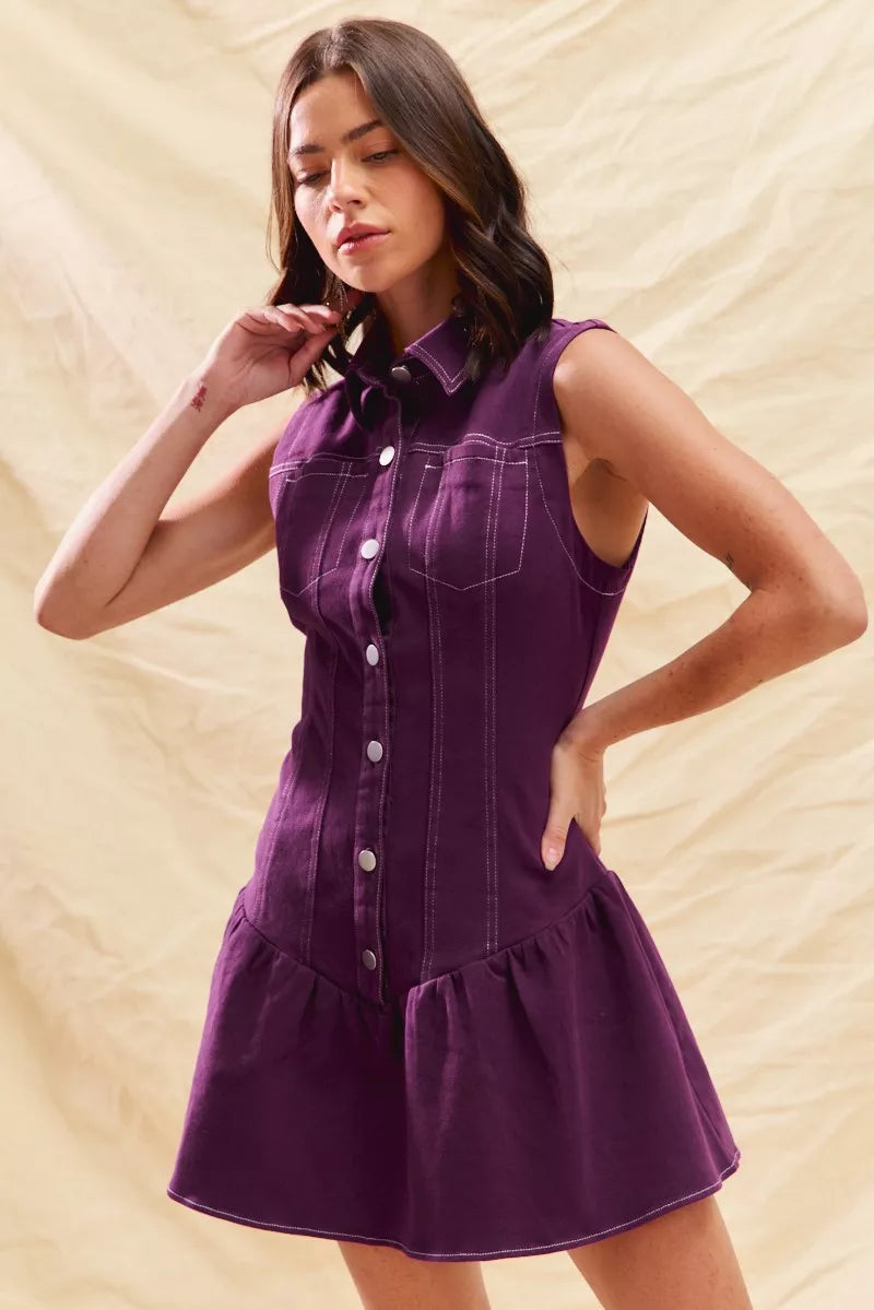 SO ME Button Down Sleeveless Collared Game Day Mini Dress