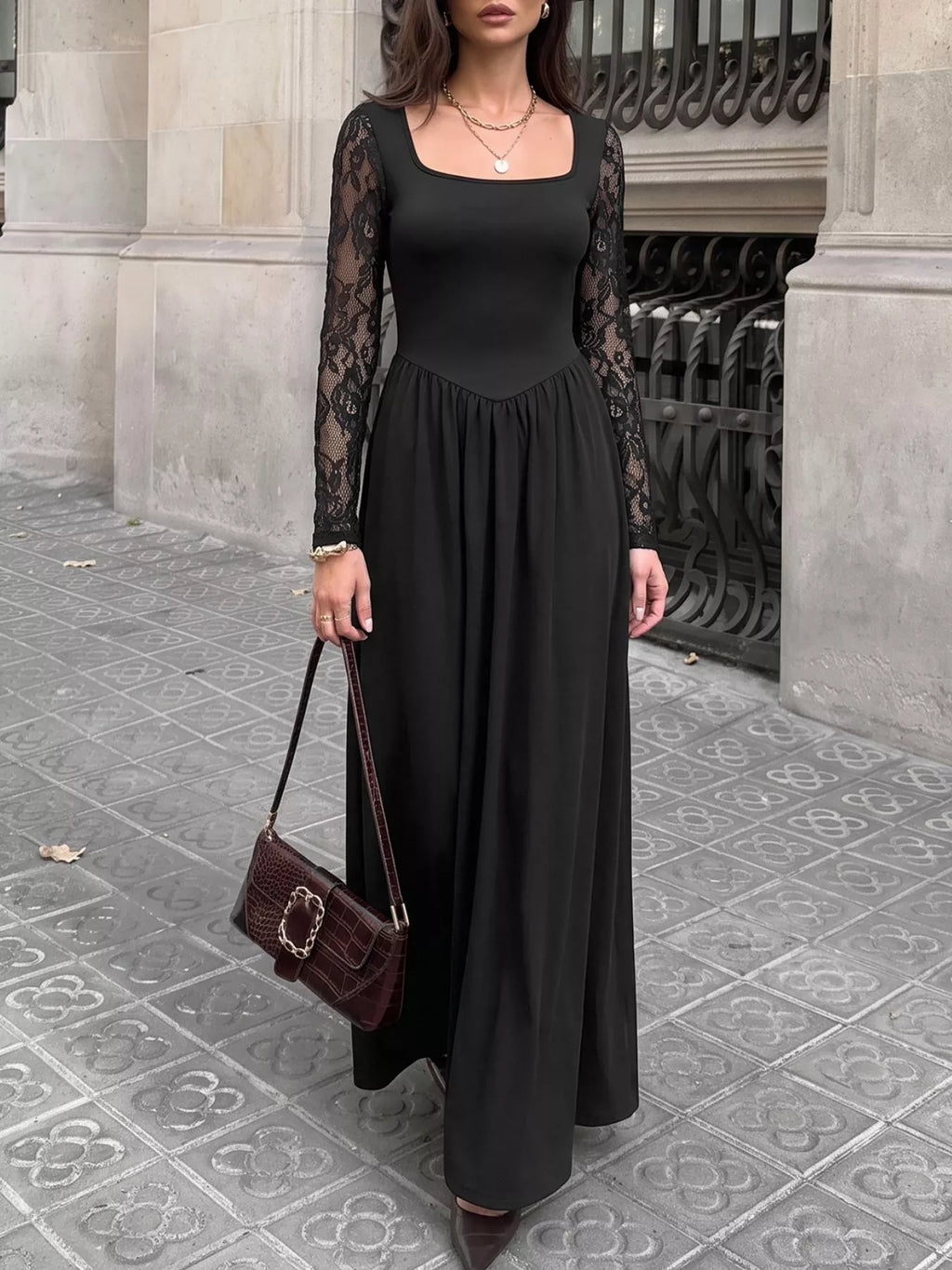 Square Neck Sheer Sleeve Maxi Dress