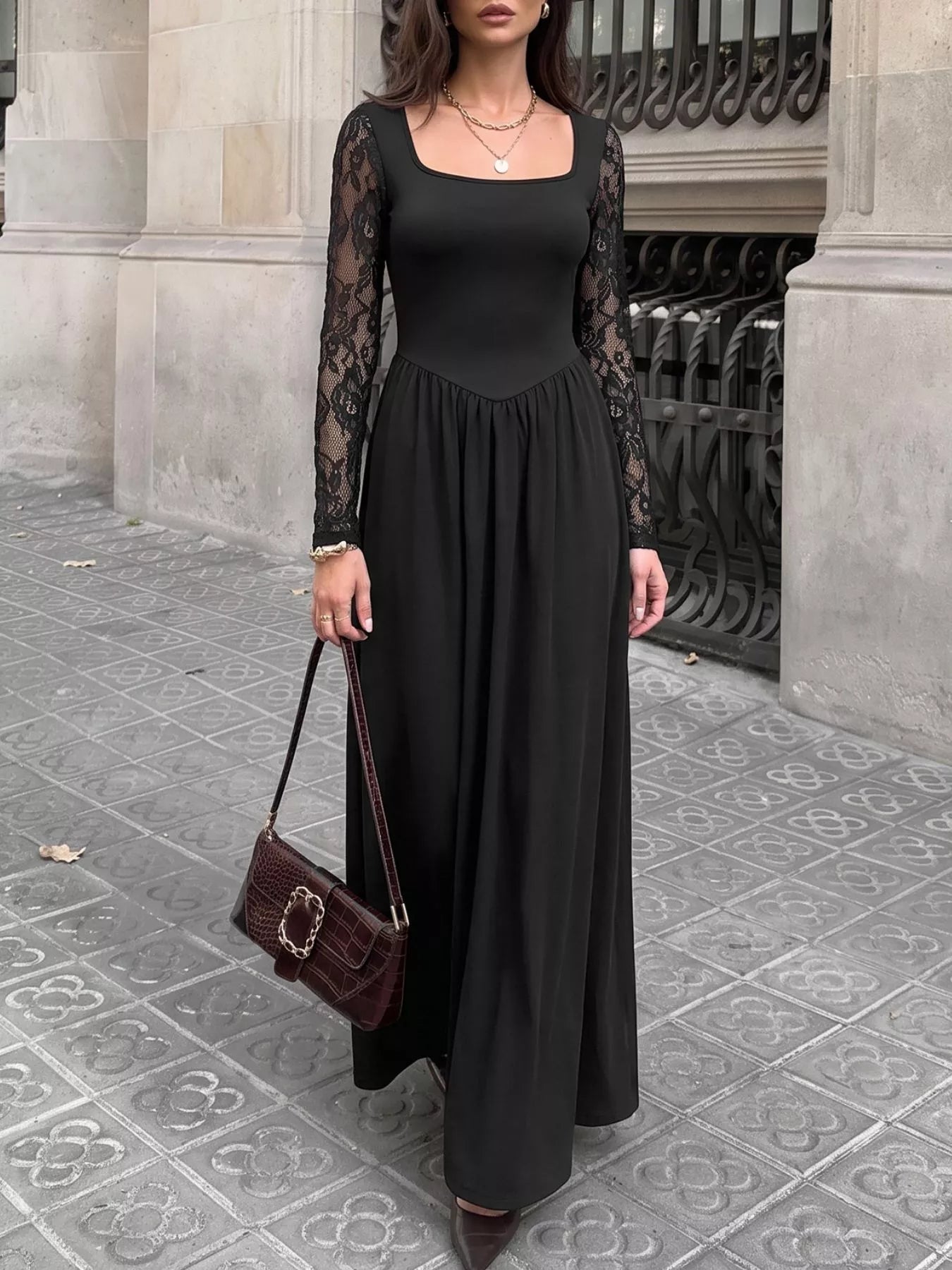 Square Neck Sheer Sleeve Maxi Dress