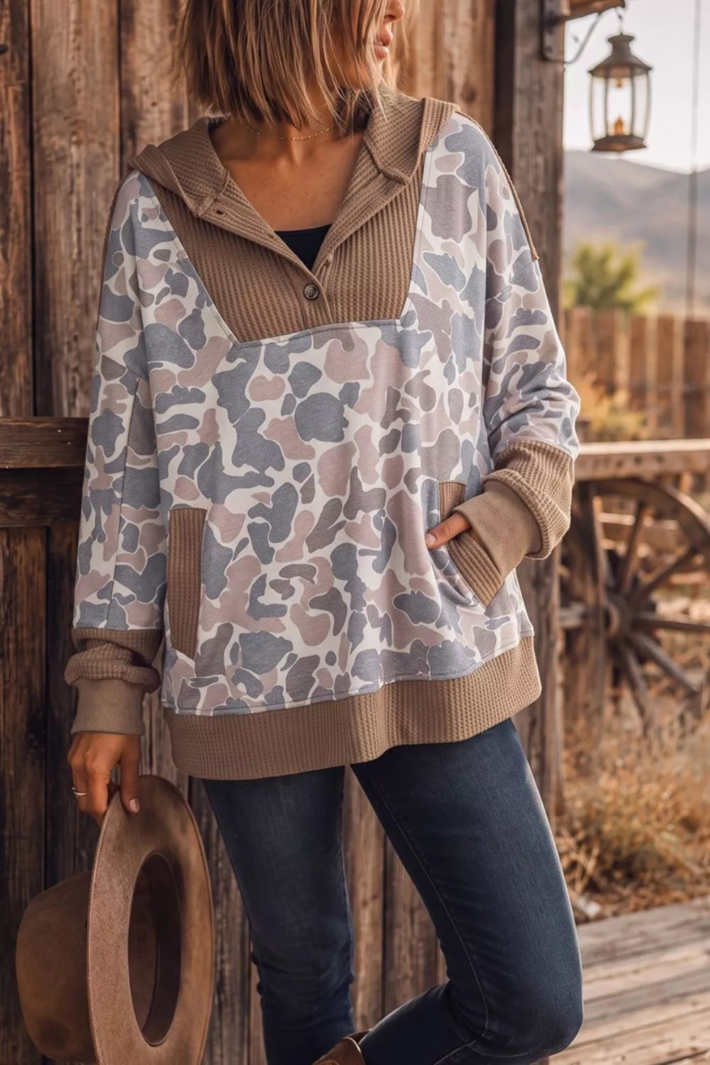 Camouflage Print Waffle Knit Patchwork Half Zip Hoodie