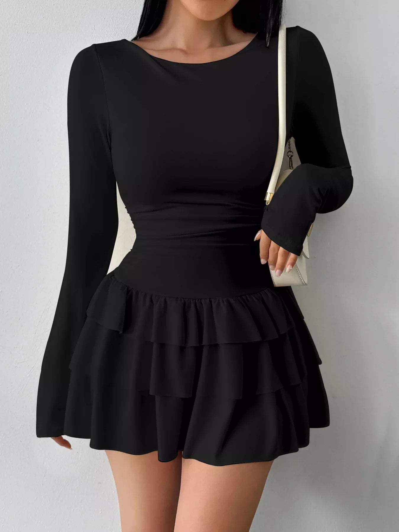 Ruched Long Sleeve Layered Ruffle Mini Dress