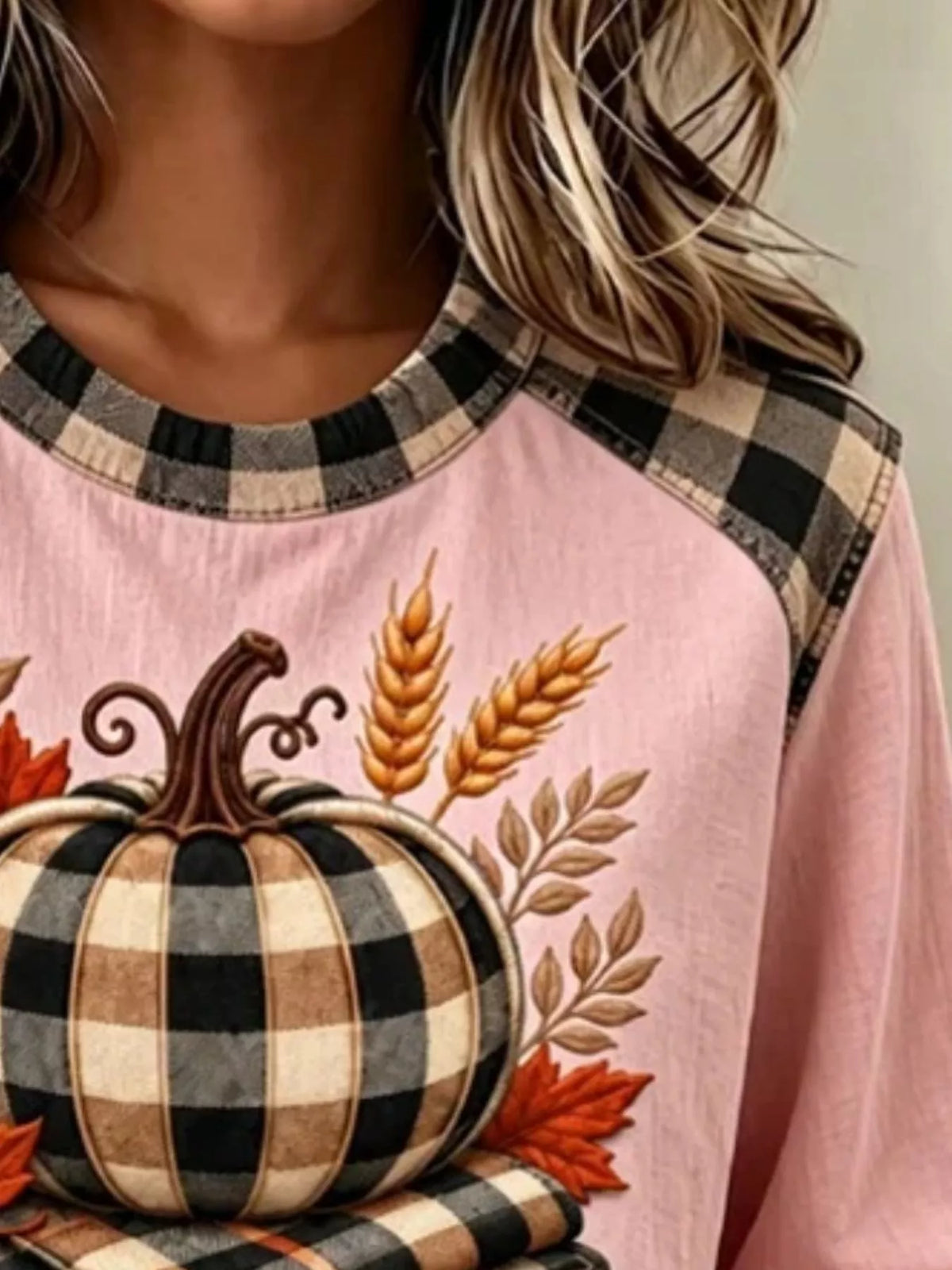 Full Size Pumpkin Plaid Patchwork Long Sleeve Sweatshirt Plus Size