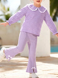 Children's Striped Ruffle Collar Top and Bow Flare Pants Set