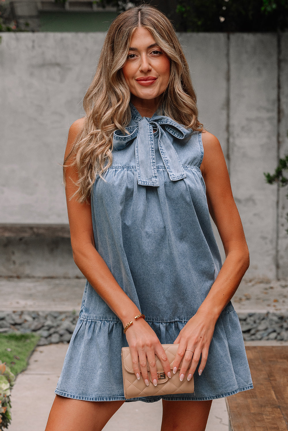 Chambray Bow Neck Sleeveless Ruffle Dress