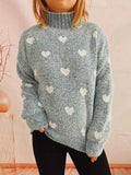 Heart Print Heathered Turtleneck Drop Shoulder Sweater