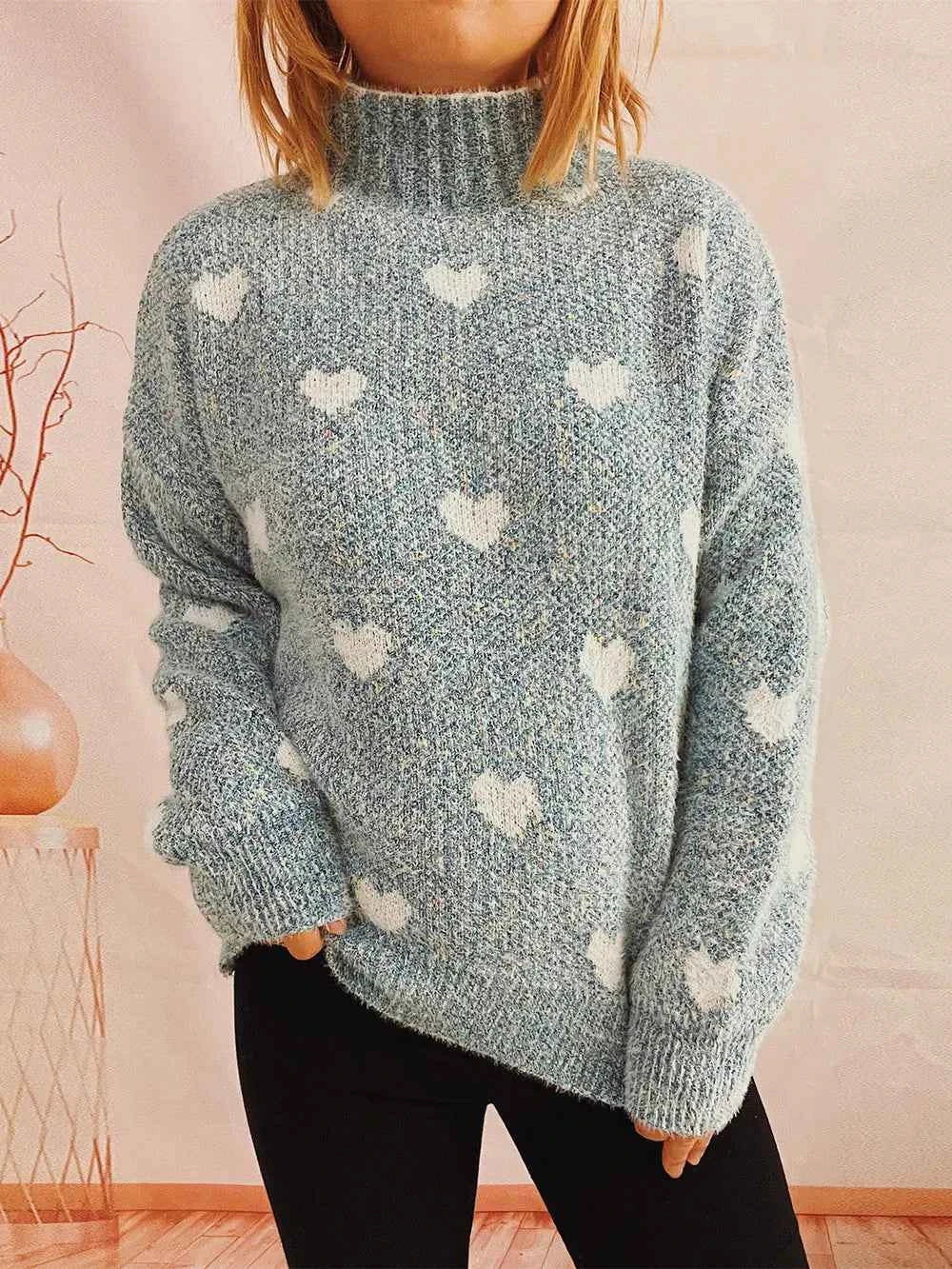 Heart Print Heathered Turtleneck Drop Shoulder Sweater