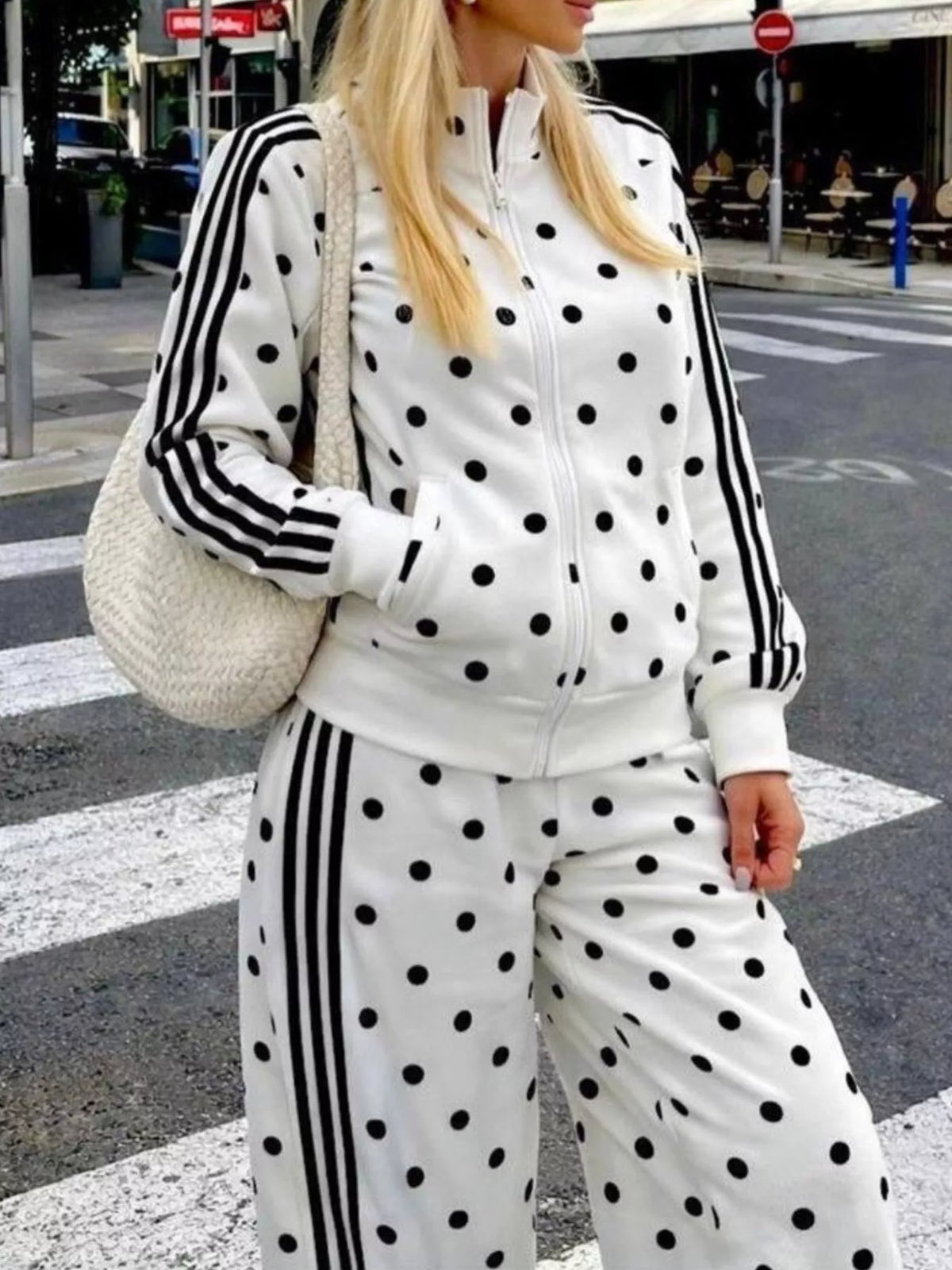 Polka Dot Side Striped Outerwear and Pants Set