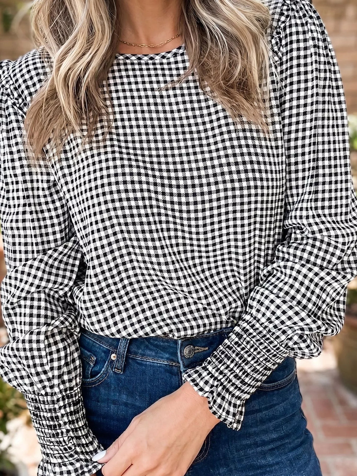 Plaid Shirred Cuff Long Sleeve Round Neck Blouse