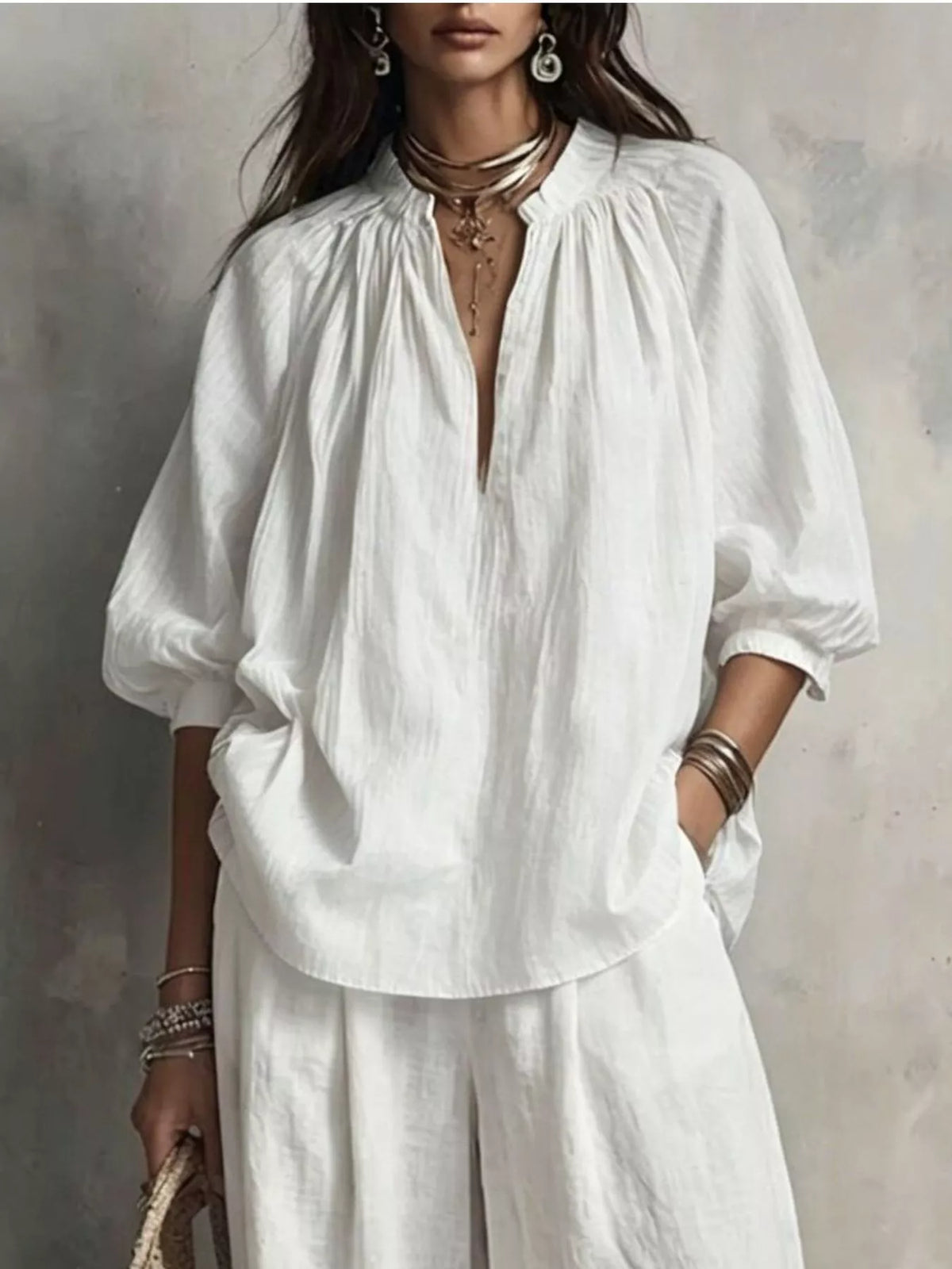 Notched Blouse and Wide-Leg Pants Set