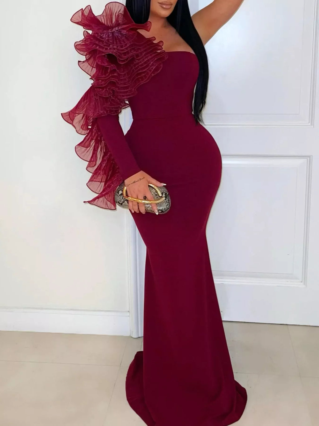 One-Shoulder Ruffled Mermaid Evening Maxi Dress