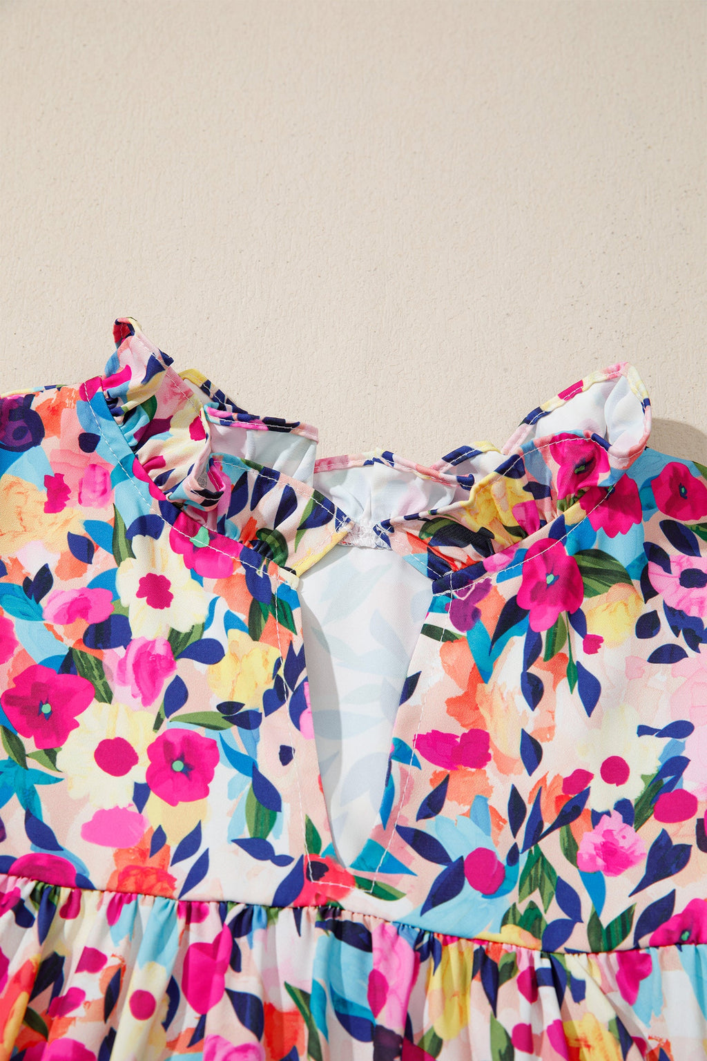 Pink Flower Print Frilled Collar Short Puff Sleeve Summer Blouse