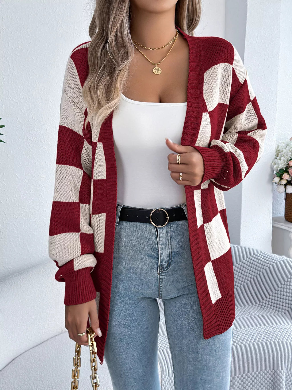Oversized Checkered Open-Front Knit Cardigan