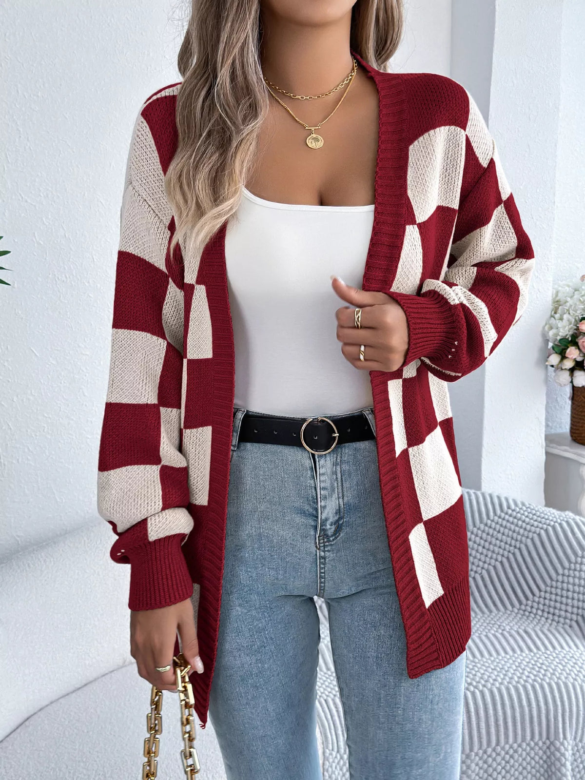 Oversized Checkered Open-Front Knit Cardigan