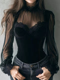 Lace Trim Velvet Sheer Sleeve Blouse