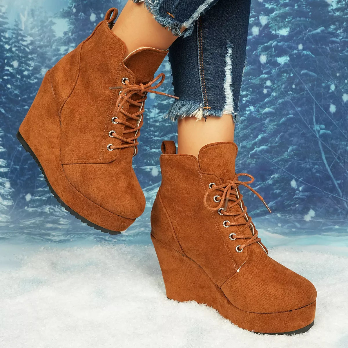 Lace-Up Wedge Ankle Boots