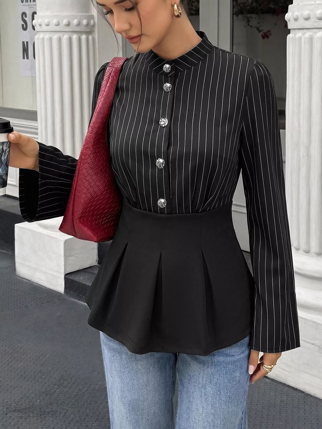 Striped Long Sleeve Peplum Blouse
