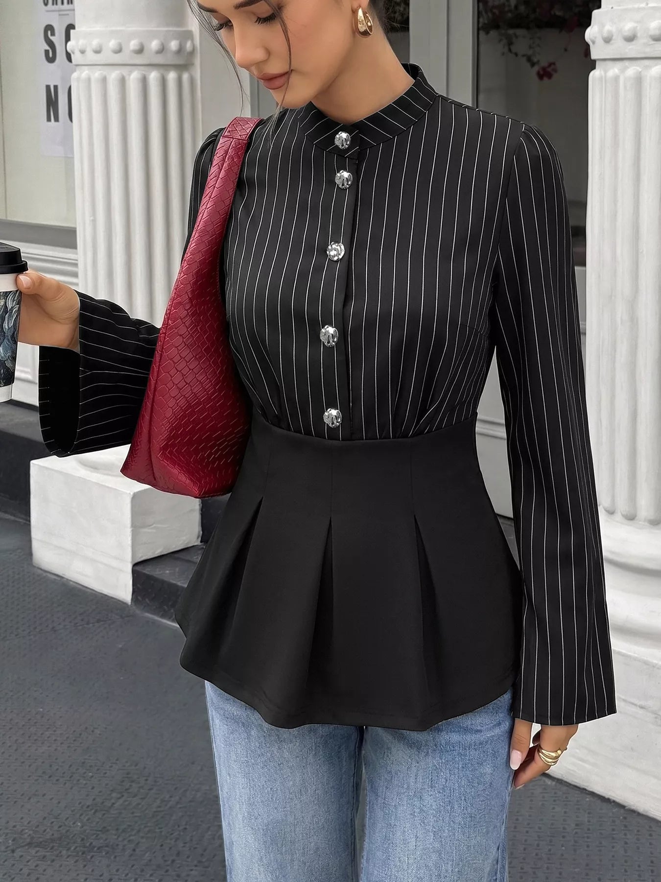 Striped Long Sleeve Peplum Blouse