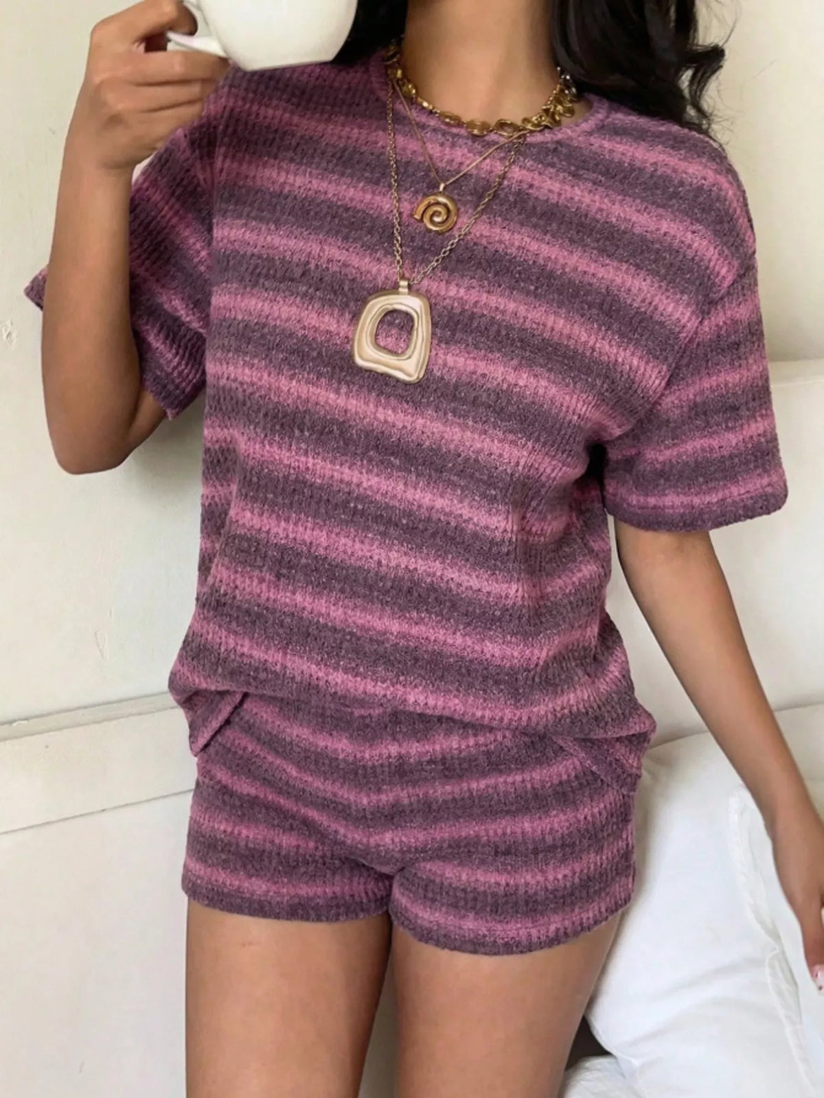 Striped Textured Knit Top and Shorts Set