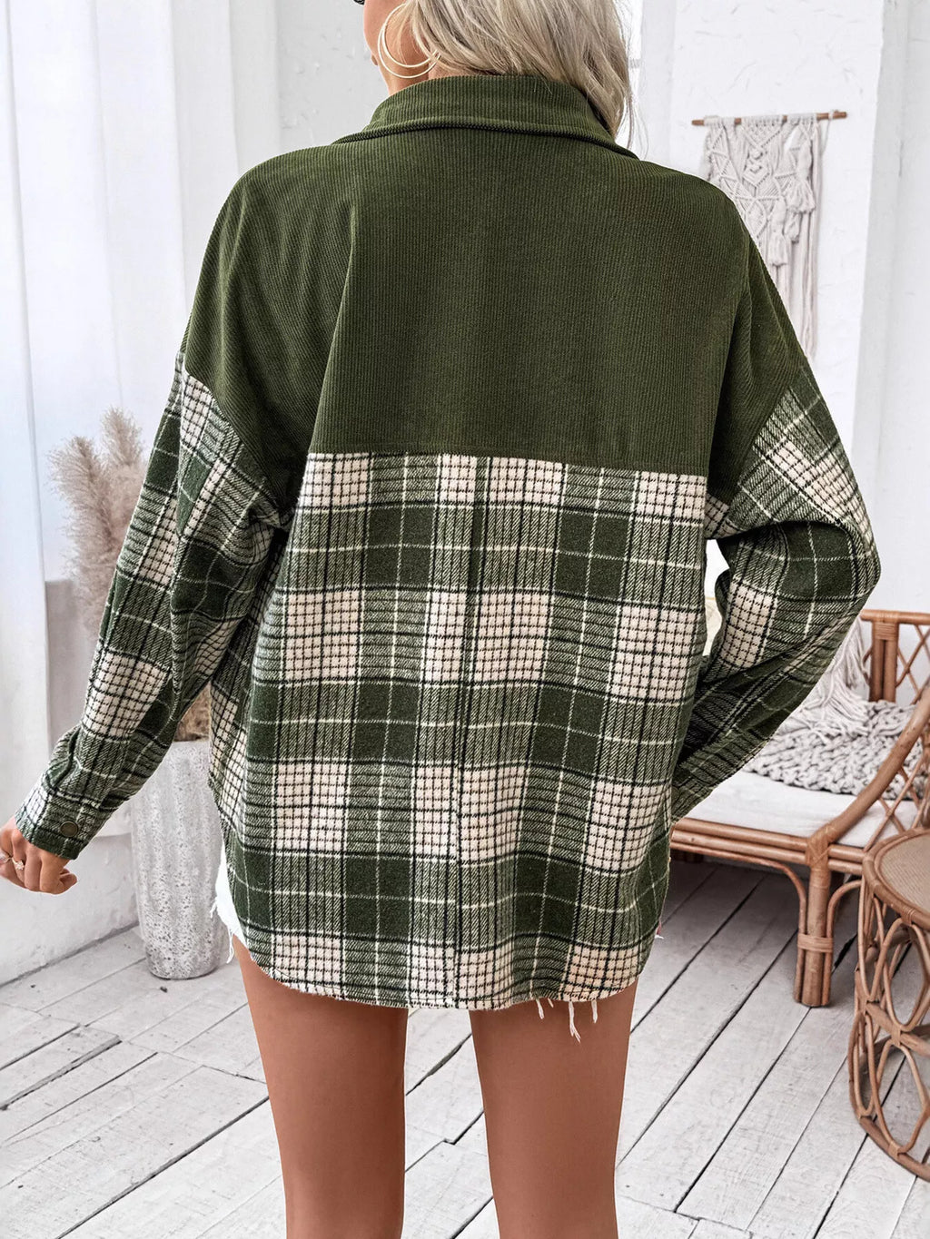 Plaid Button-Up Long Sleeve Shacket with Chest Pockets