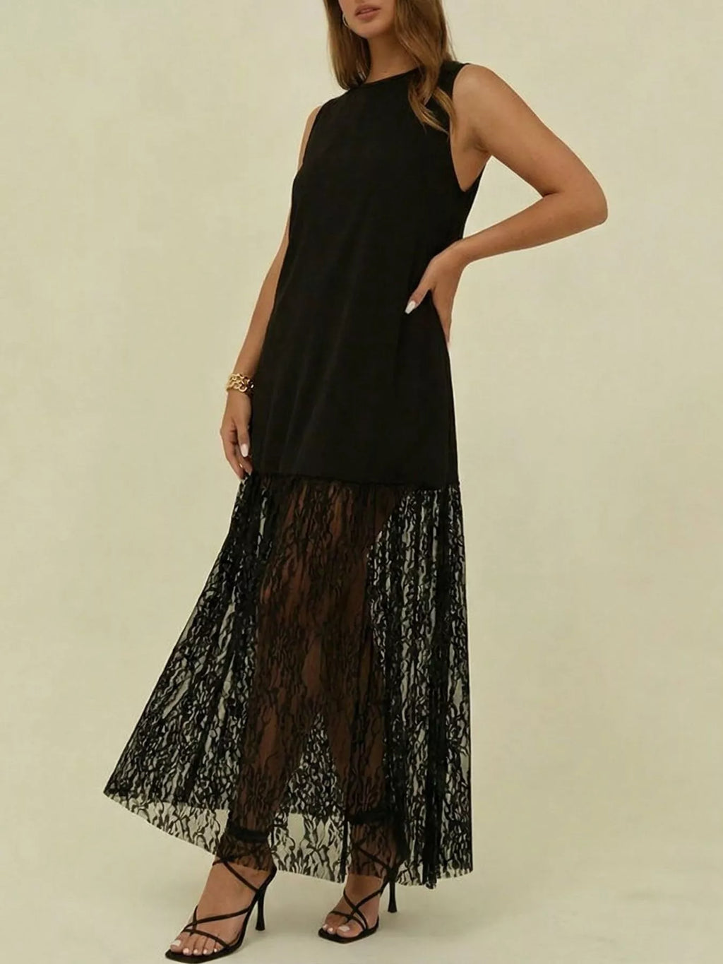 Sleeveless Lace Trim Maxi Dress