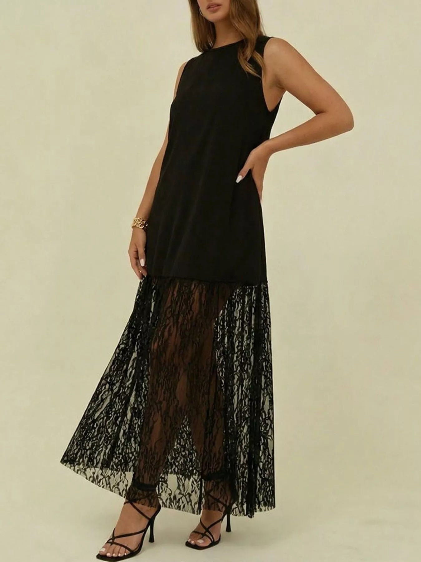 Sleeveless Lace Trim Maxi Dress