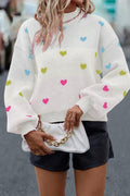 Multicolour Heart Pattern Colorblock Knit High Neck Baggy Sweater