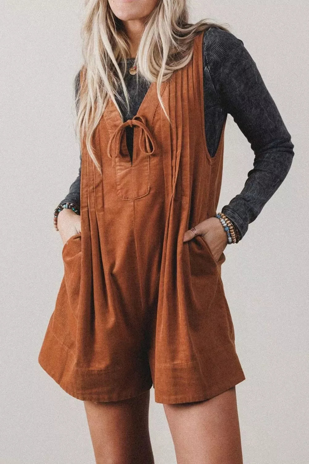 Solid Color Tie V Neck Sleeveless Corduroy Romper