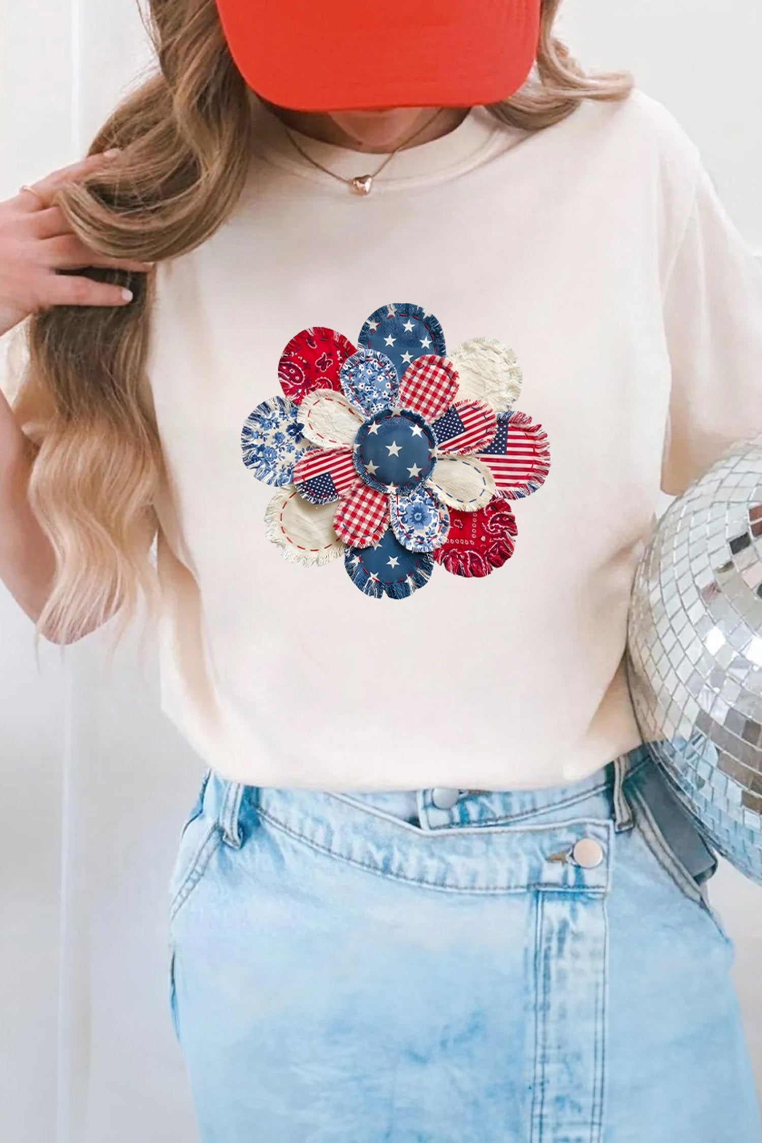 White Faux Patchwork Patriotic Flower Printed T Shirt