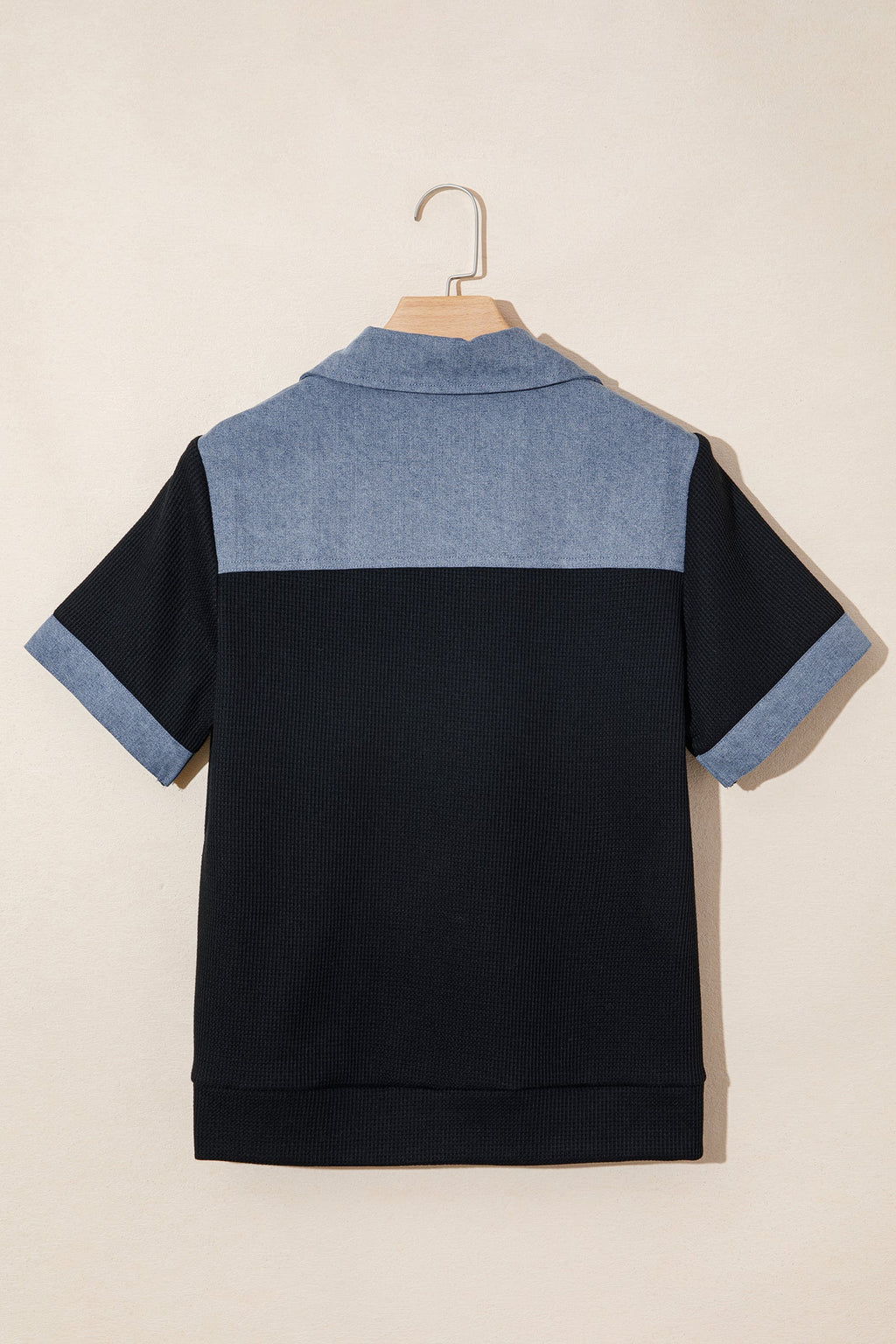 Black Waffle Knit Denim Color Block Patchwork Button Flap Polo Top
