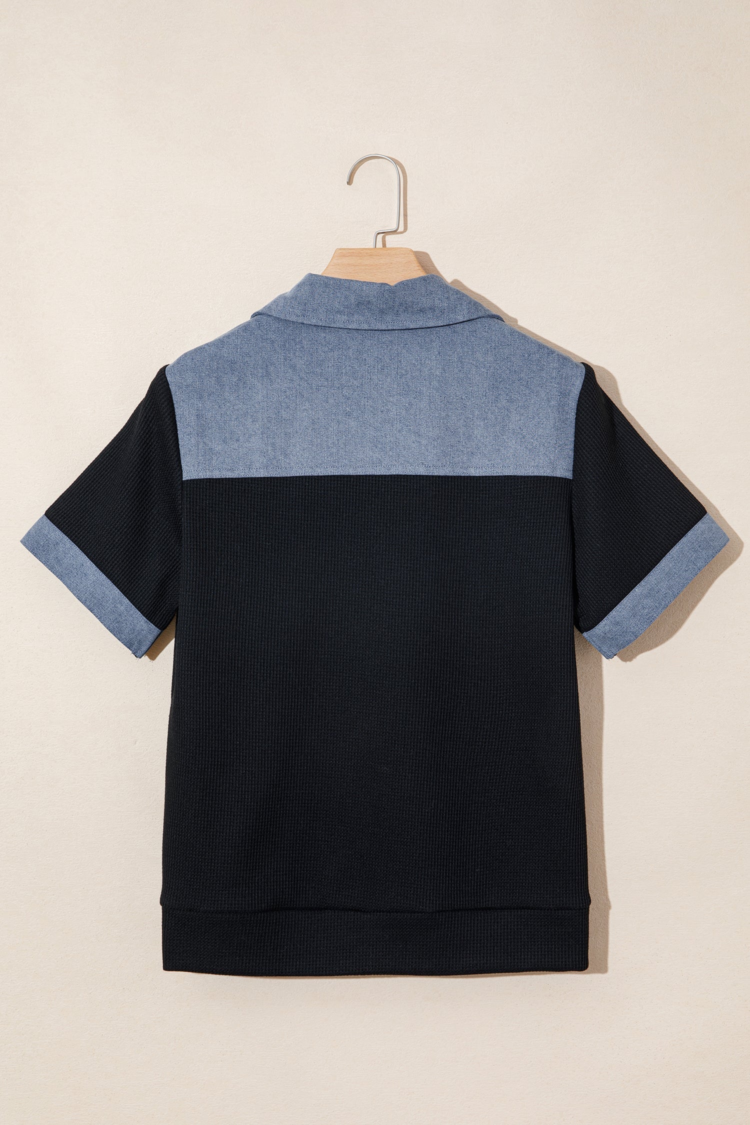 Black Waffle Knit Denim Color Block Patchwork Button Flap Polo Top