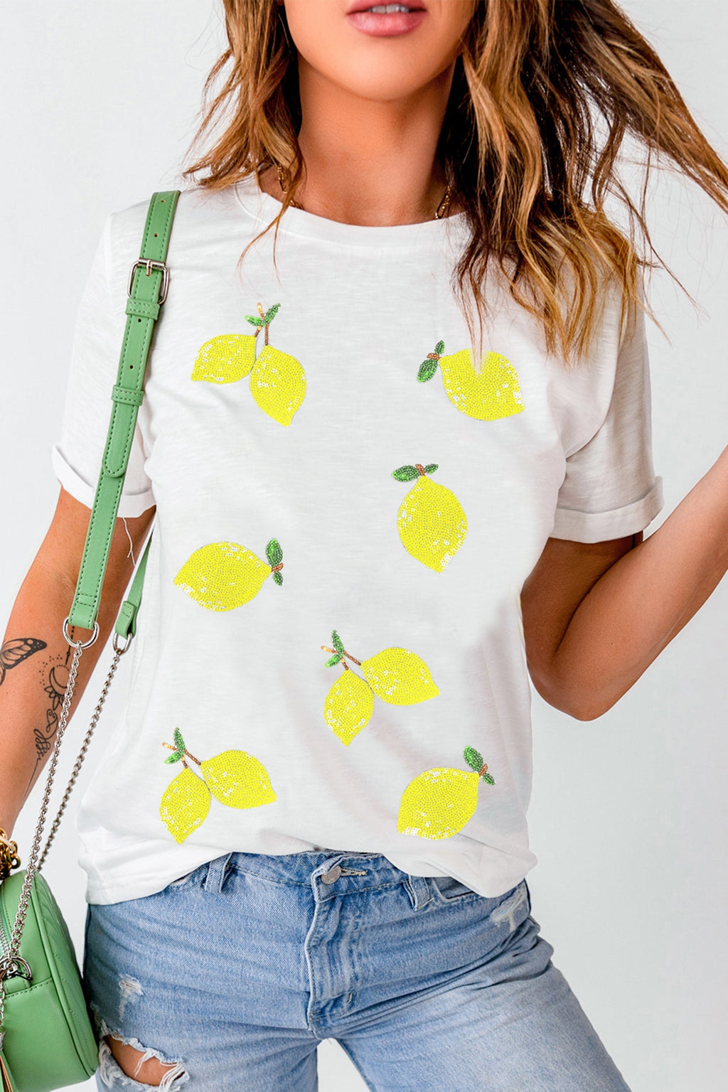 White Sequin Lemon Graphic Casual Summer Tee