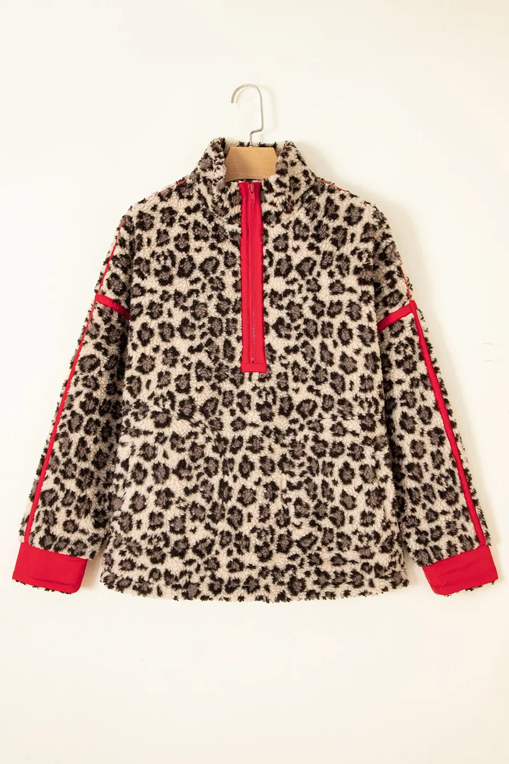 Leopard Print Zip-Up Red Accents Pockets Sweatshirt