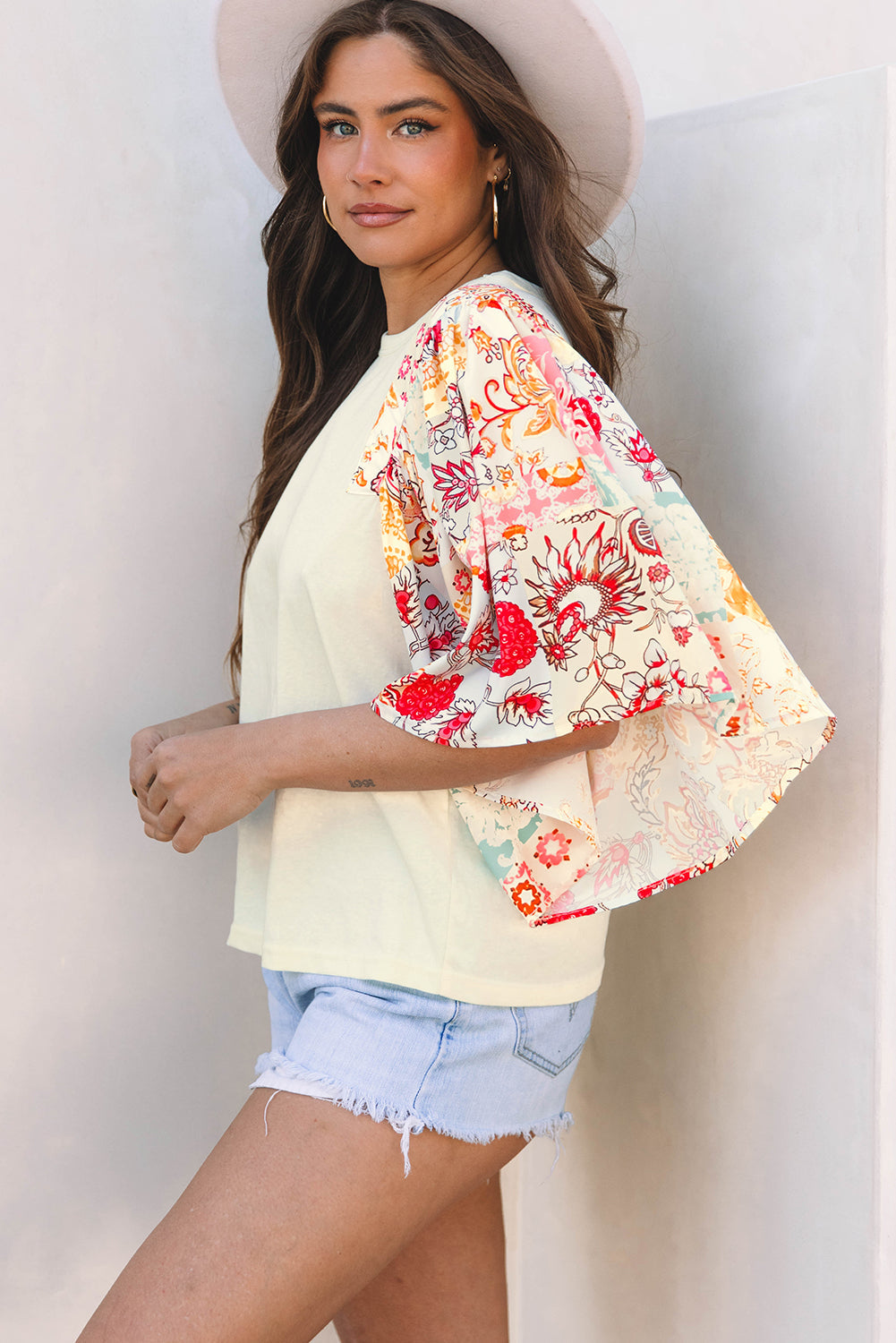 Boho Floral Patchwork Batwing Sleeve Blouse