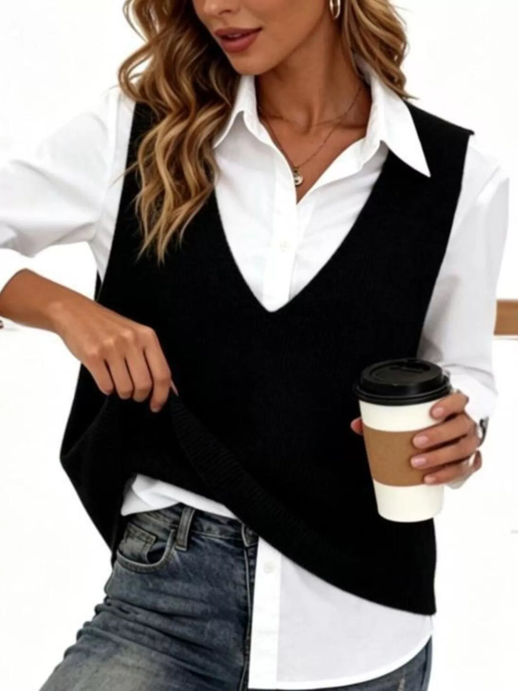 Full Size Chic V-Neck Sleeveless Knit Sweater Vest Plus Size