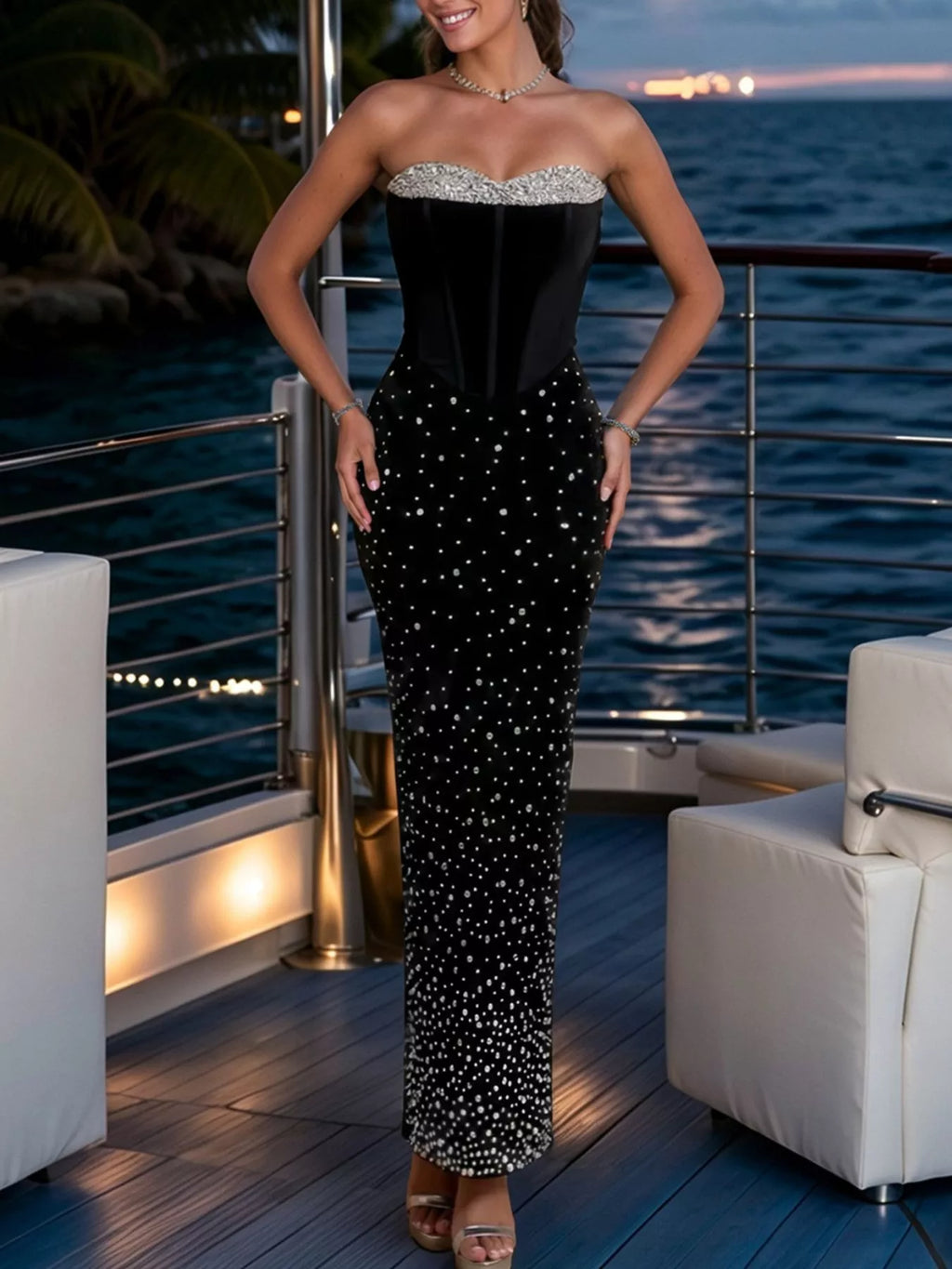 Rhinestone Slit Back Tube Maxi Dress