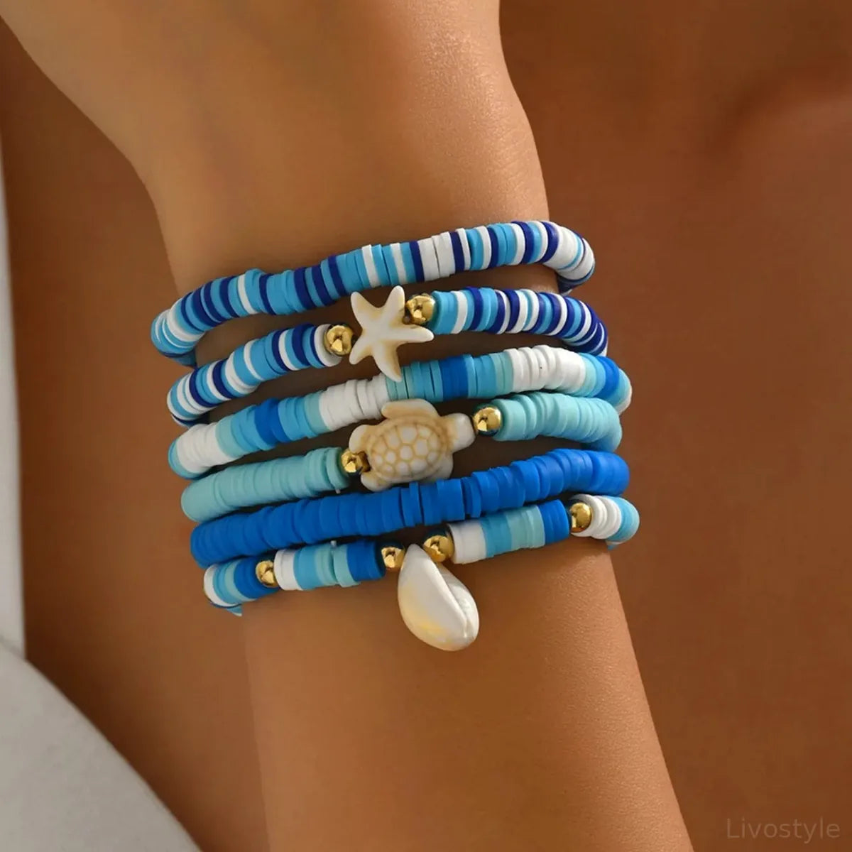 6-Piece Ceramic Beaded Shell Bracelet Set