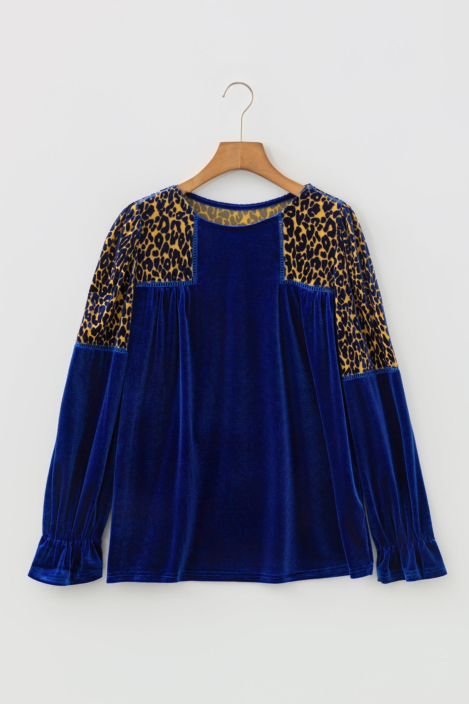 Sky Blue Leopard Patchwork Shoulder Flounce Sleeve Velvet Blouse