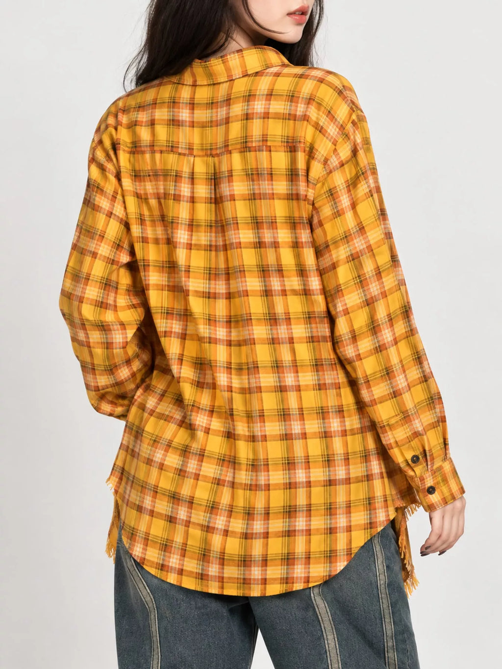 Plaid Frayed Hem Button Up Shirt