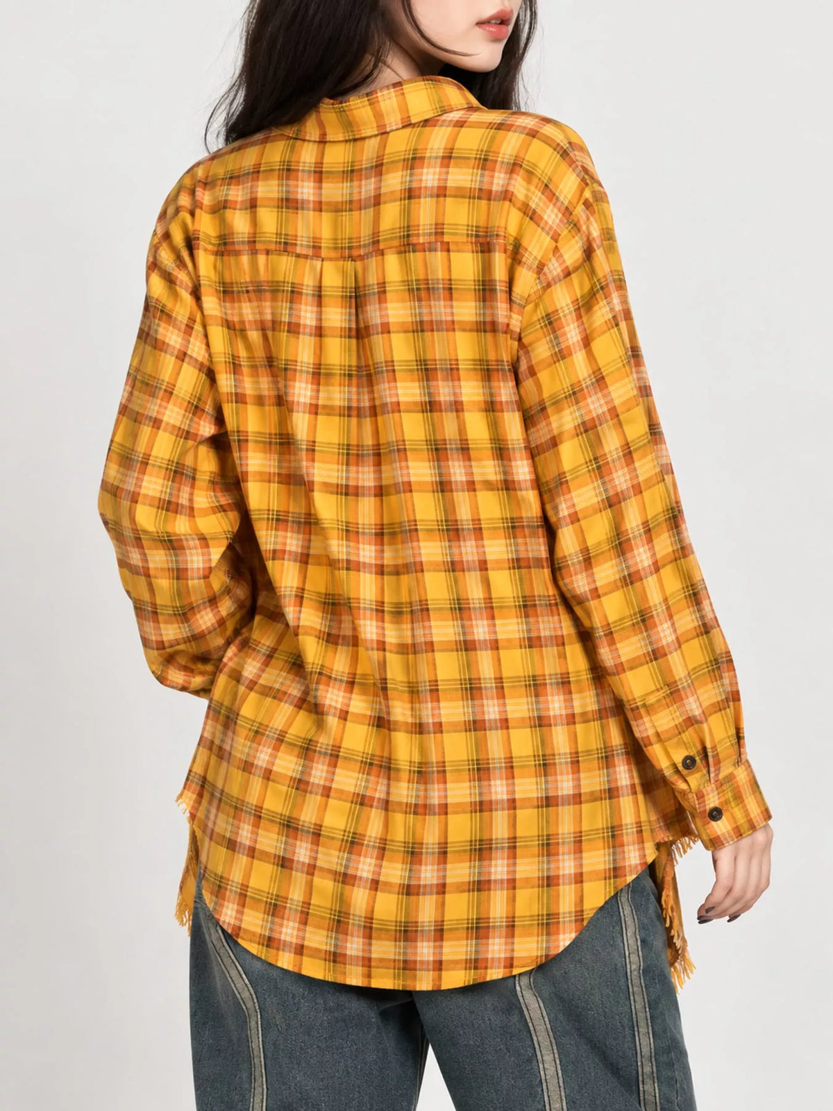 Plaid Frayed Hem Button Up Shirt