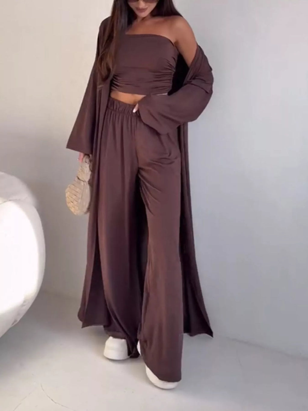 Chic Strapless Ruched Crop Top and Wide-Leg Pants with Cardigan 3-Piece Set