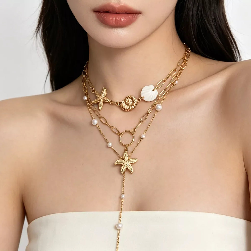 3-Piece Bohemian Layered Starfish and Shell Necklace