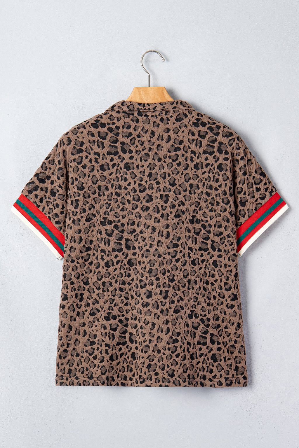 Brown Leopard Jacquard Striped Patchwork Half Zip Short Sleeve Blouse