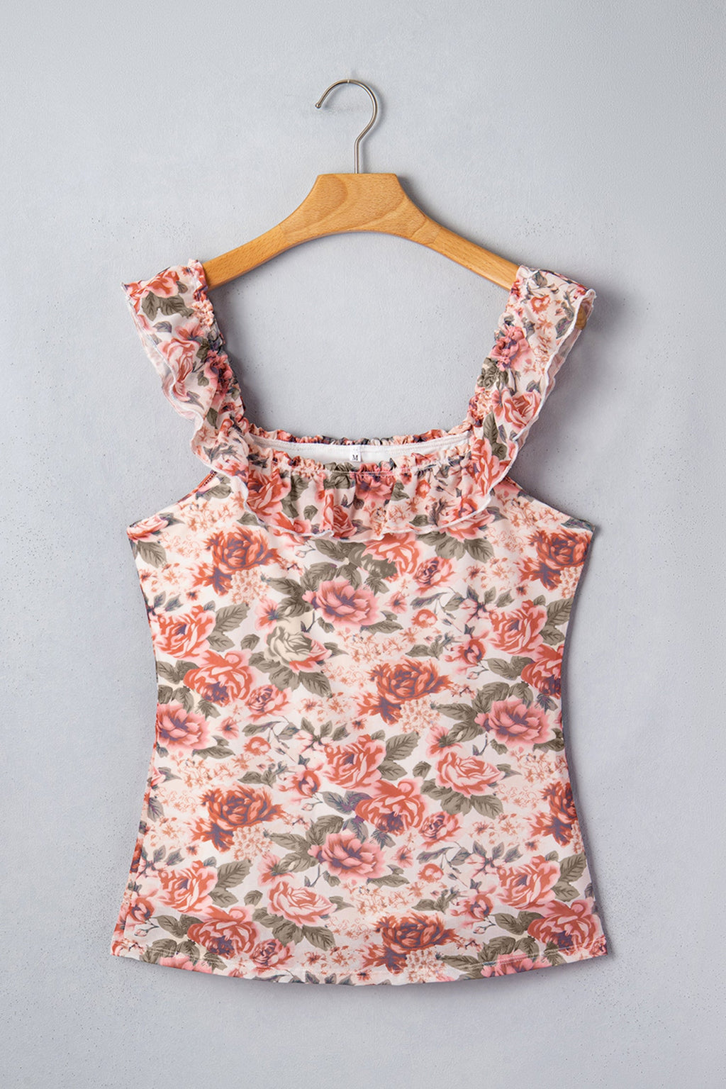 Multicolour Retro Floral Ruffle Trim Square Neck Tank Top
