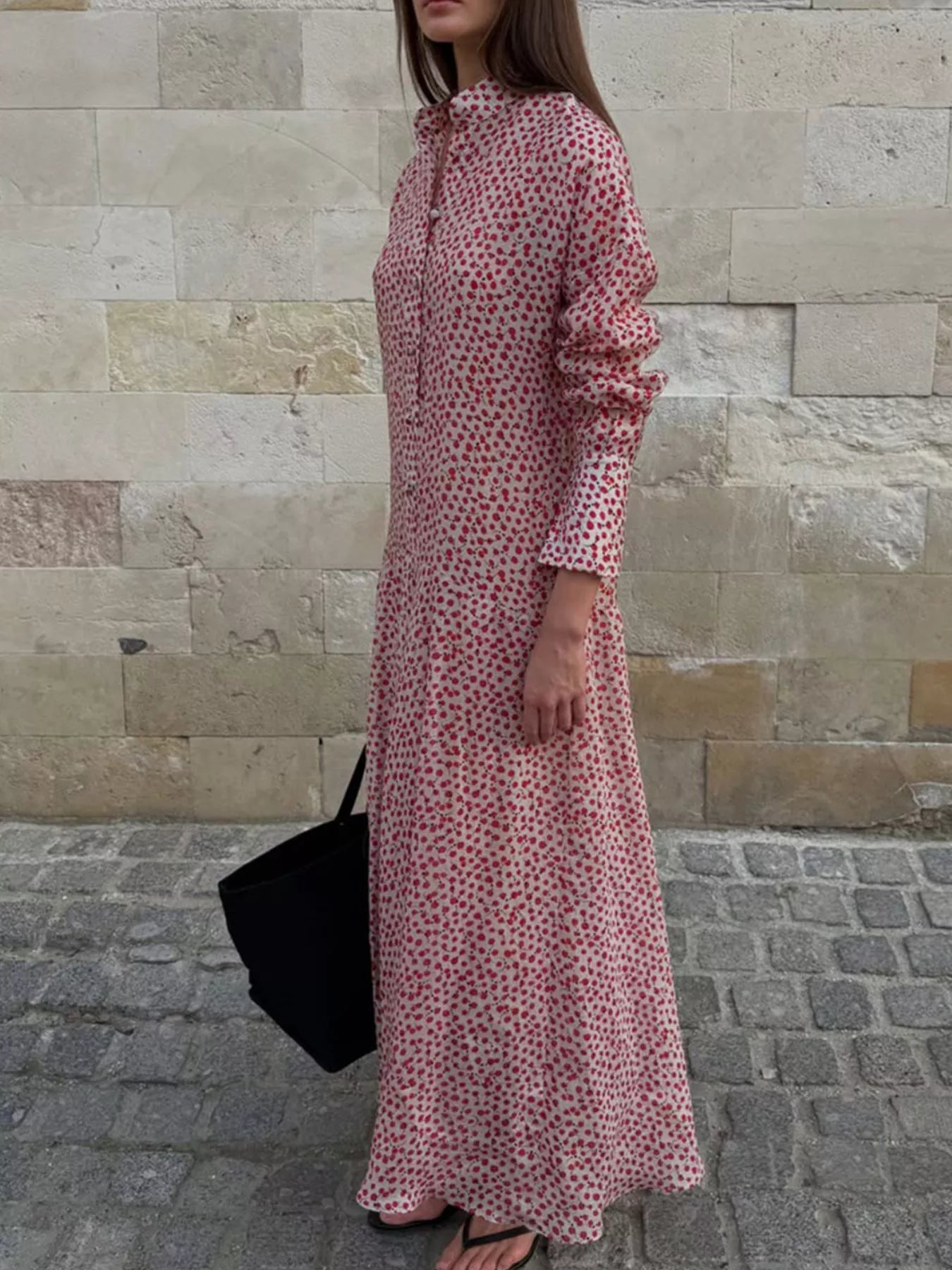 Floral Button Front Long Sleeve Dress