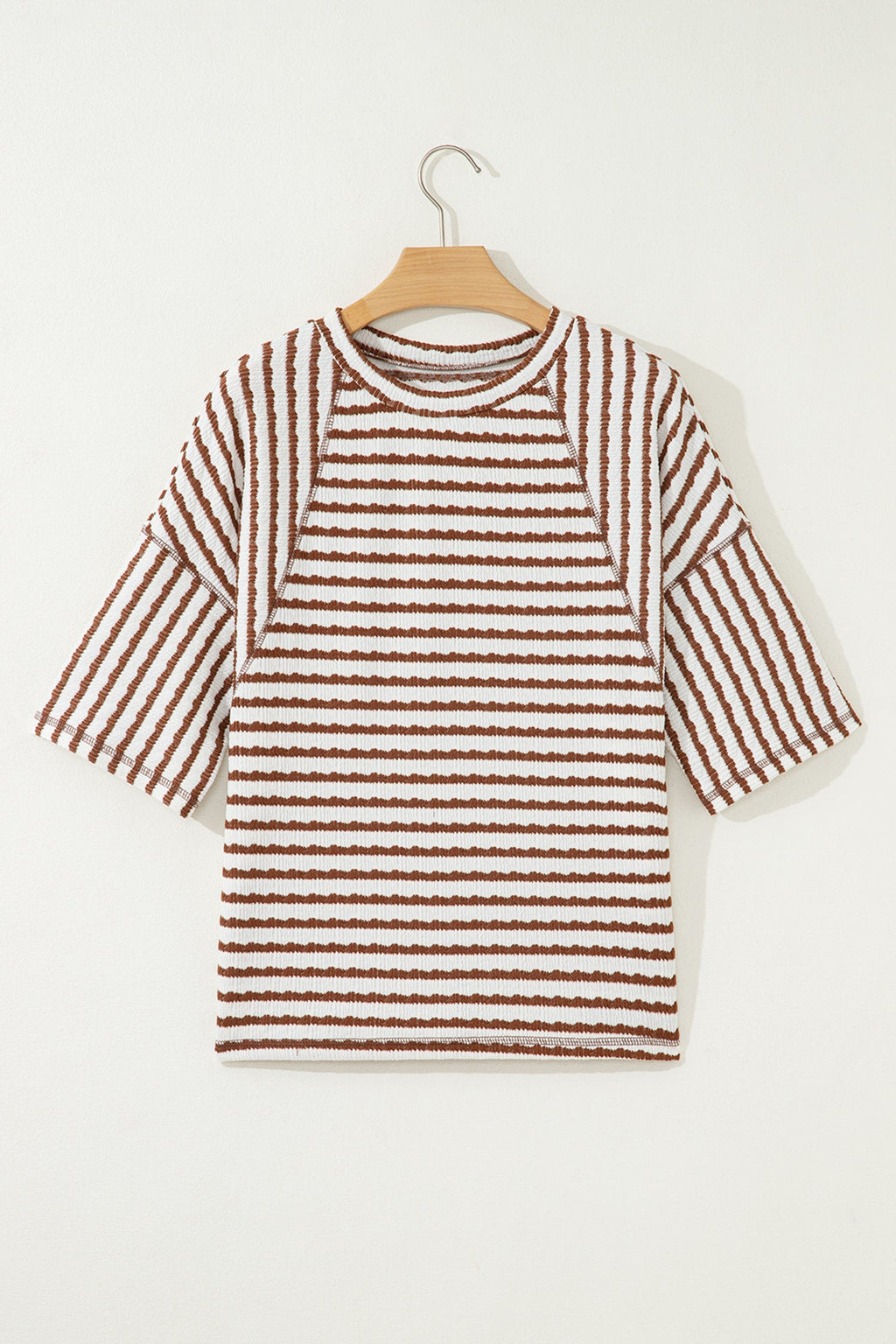 Brown Stripe Textured Knit Split Hem Half Sleeve Loose Top