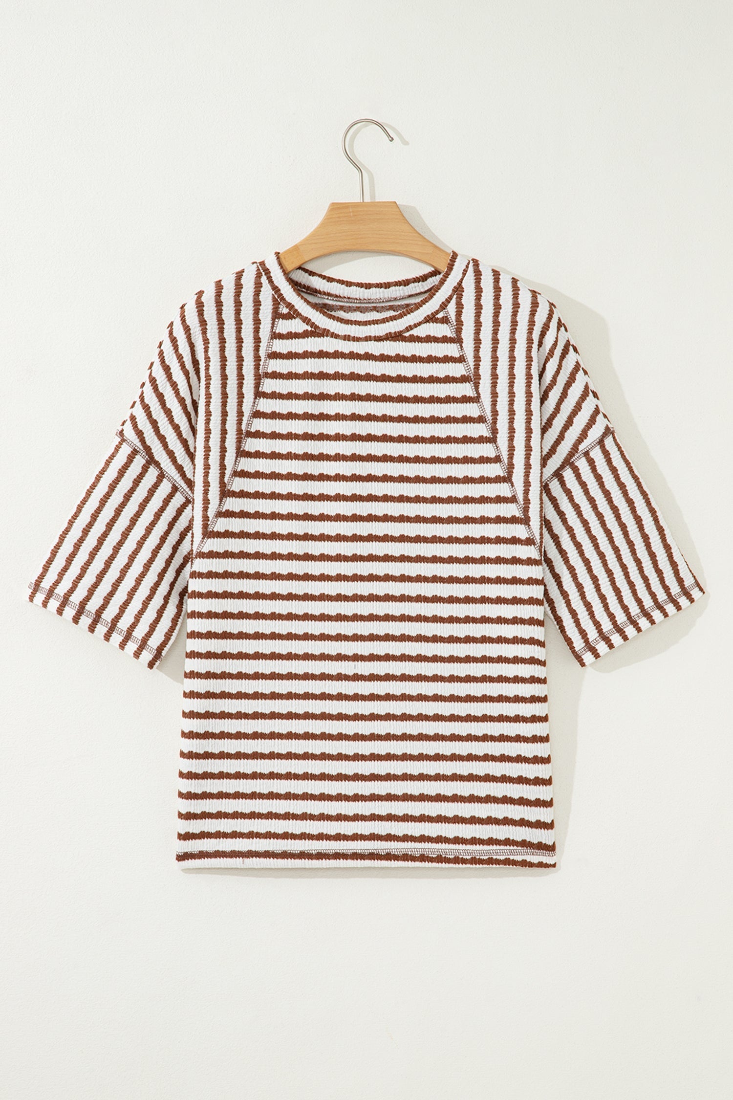 Brown Stripe Textured Knit Split Hem Half Sleeve Loose Top