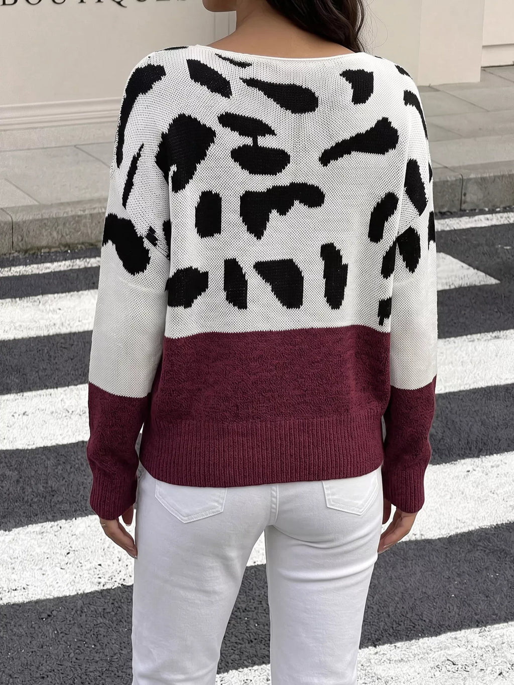Full Size Off-Shoulder Colorblock Animal Print Sweater Plus Size