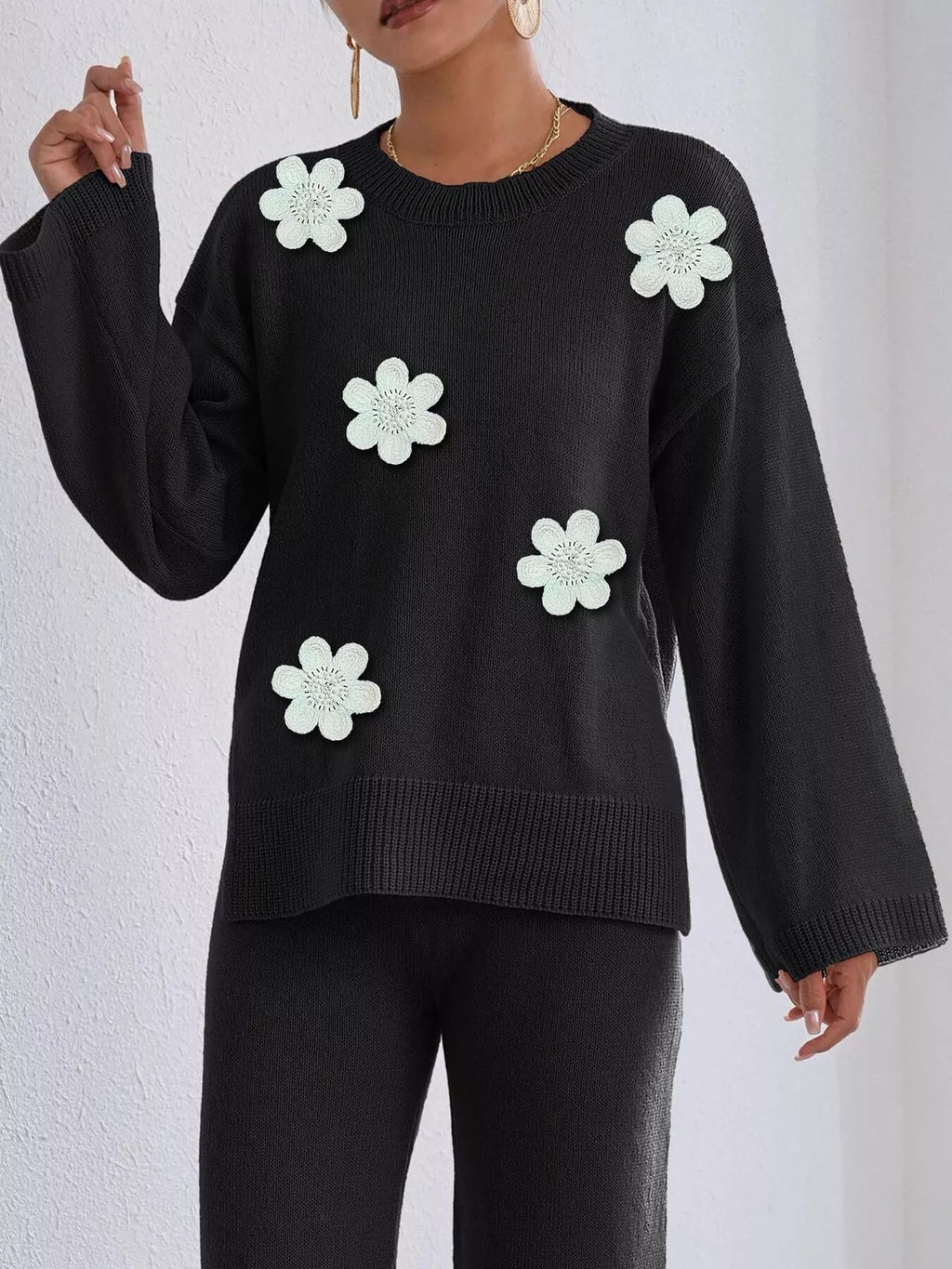 Floral Applique Crew Neck Sweater